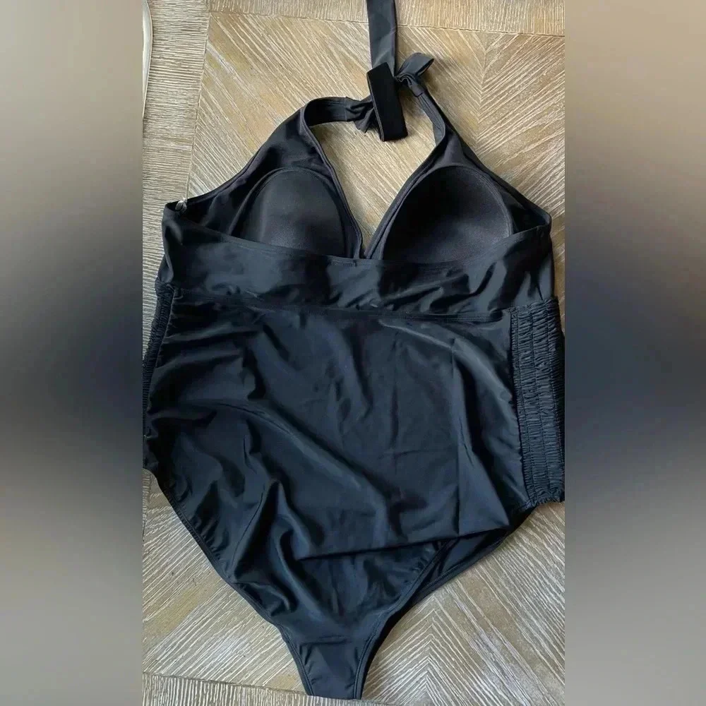 New Motherhood Maternity Women's Beach Bump One Piece Black Halter Swimsuit - Picture 6 of 10